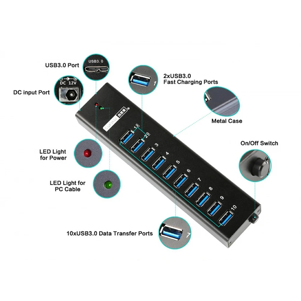 Sipolar металла 10 Порты супер Скорость USB 3 0 концентратор с 12V3A Мощность адаптер 2 шт.