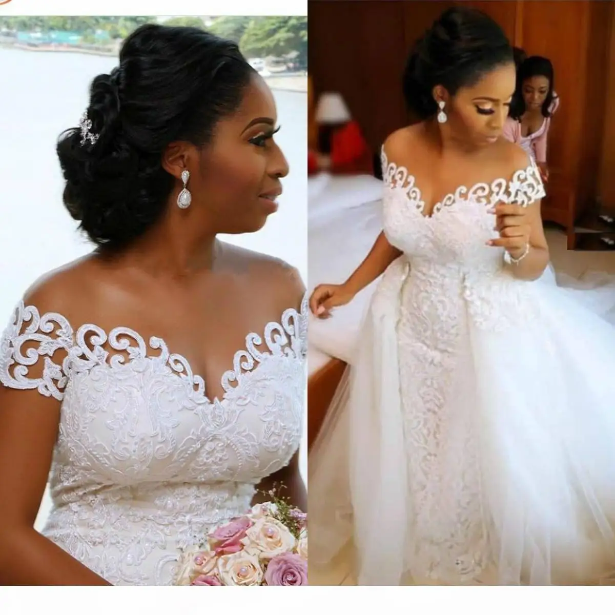African Nigerian Mermaid Wedding Dresses Detachable Train Full Lace Applique Sheer Off The Shoulder Short Sleeve Bridal Gow
African Nigerian Mermaid Wedding Dresses Detachable Train Full Lace Applique Sheer Off The Shoulder Short Sleeve Bridal Gow