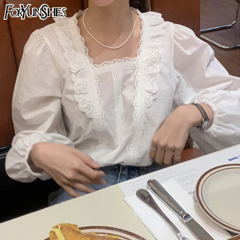 FORYUNSHES Korean Spring Square Collar Blouse Lace Crochet Stitching Design Loose Puff Sleeves Shirt White Top for Women
FORYUNSHES Korean Spring Square Collar Blouse Lace Crochet Stitching Design Loose Puff Sleeves Shirt White Top for Women