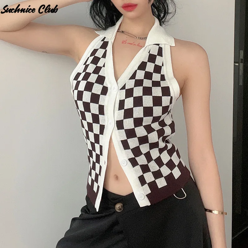 V-neck Sleeveless Sexy Halter Top Checkerboard Lapel Button Halter Neck Slim Woolen Vest
V-neck Sleeveless Sexy Halter Top Checkerboard Lapel Button Halter Neck Slim Woolen Vest