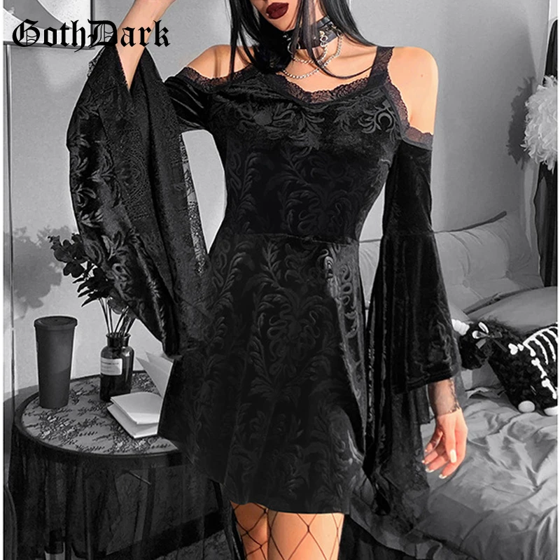 Goth Dark Grunge Aesthetic Vintage Women Party Dresses Mall Gothic Velvet Lace Trim Evening Clothes Sexy Open Shoulder Emo Dress
Goth Dark Grunge Aesthetic Vintage Women Party Dresses Mall Gothic Velvet Lace Trim Evening Clothes Sexy Open Shoulder Emo Dress