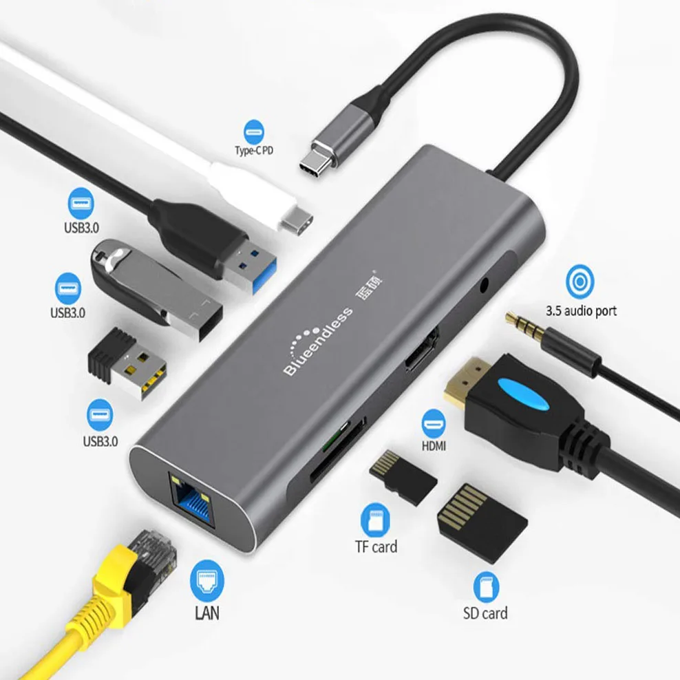 Док станция 9 в 1 с USB Type C HDMI/Ethernet/SD/TF кардридером|USB-хабы| |
