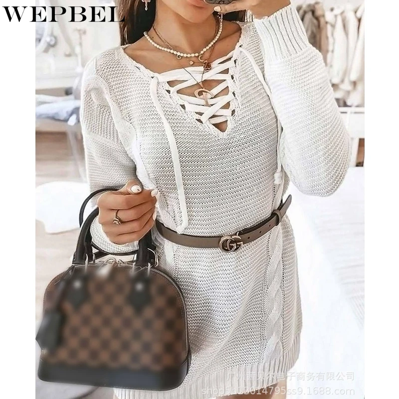 WEPBEL Dress Women's Casual Solid Color Knitted Loose Bandage Dress Autumn Fashion Long Sleeve V-neck Hollow Out Dress
WEPBEL Dress Women's Casual Solid Color Knitted Loose Bandage Dress Autumn Fashion Long Sleeve V-neck Hollow Out Dress