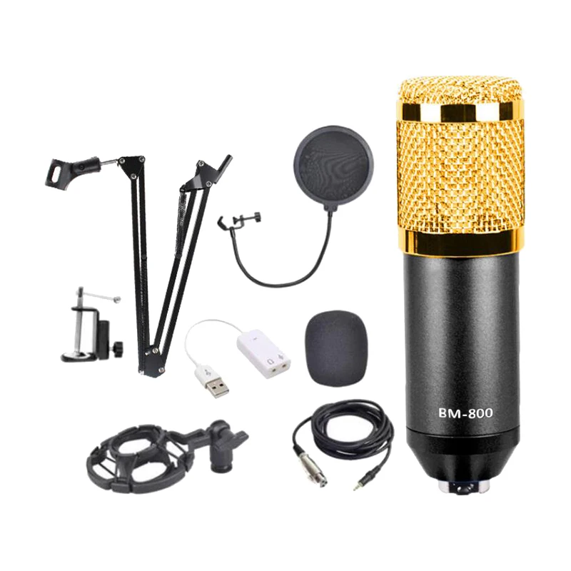 

HOT Condenser Microphone Bundle, BM-800 Mic Set for Studio Recording & Broadcasting (Microphone Kit Black+Gold)