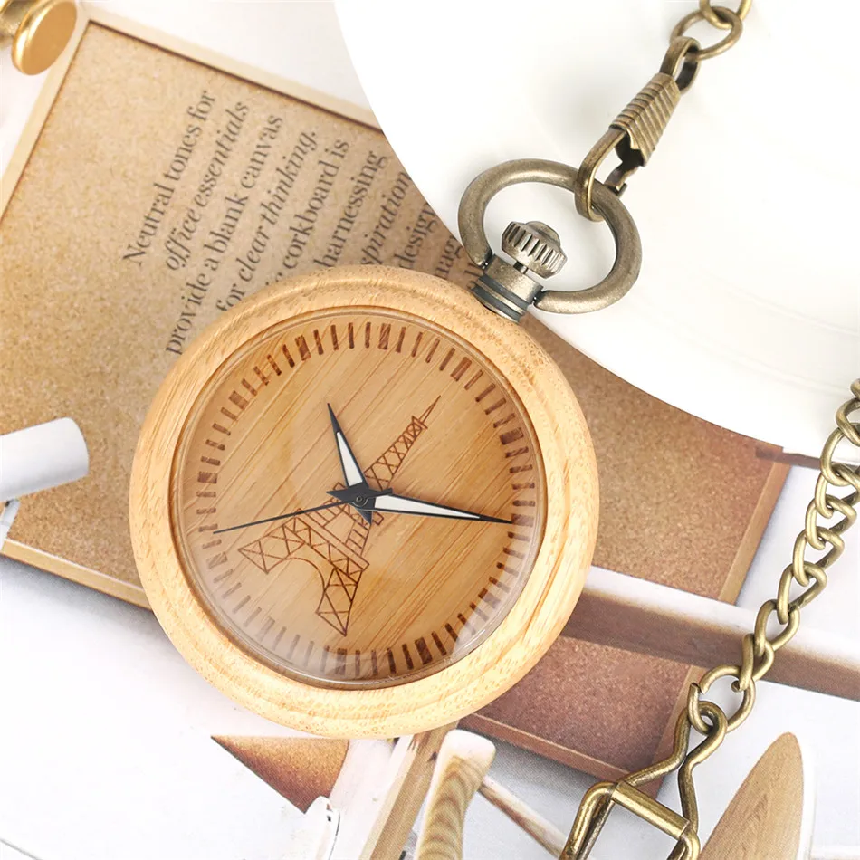 Carve Eiffel Tower Bamboo Pendant Watch Quartz Pocket Clock Bronze Fob Luminous Hands Natural Wooden Timepiece Gifts Men Women
Carve Eiffel Tower Bamboo Pendant Watch Quartz Pocket Clock Bronze Fob Luminous Hands Natural Wooden Timepiece Gifts Men Women