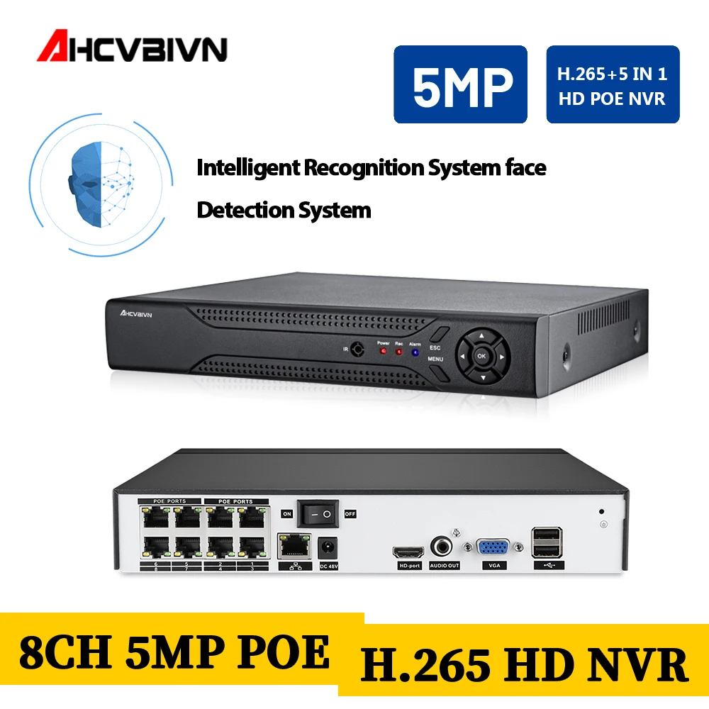 Фото AHCVBIVN H.265 H.264 8CH 48В POE NVR 5MP/4MP/1080P аудио выход видеонаблюдения - купить