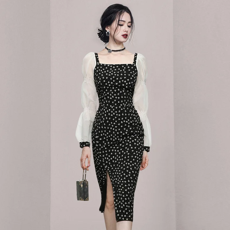 Women Autumn Floral Dress with Slit Long Sleeve Sqaure Neck Korean and France Style Elegant Party Evening Midi Dress for Girl
Women Autumn Floral Dress with Slit Long Sleeve Sqaure Neck Korean and France Style Elegant Party Evening Midi Dress for Girl