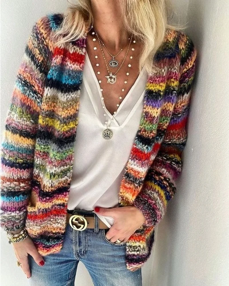 Autumn 2021 women female Season European and American Winter Temperament Commute Rainbow Bar Knitted Sweater Cardigan Coat
Autumn 2021 women female Season European and American Winter Temperament Commute Rainbow Bar Knitted Sweater Cardigan Coat