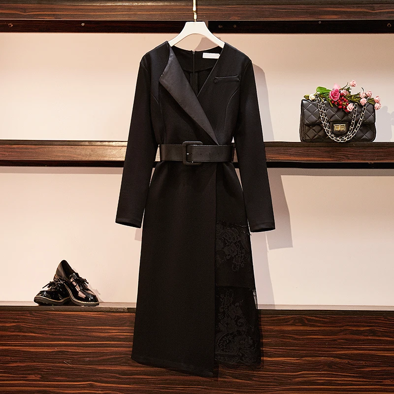 Elegant WEomen Black Blazer Dress Autumn 2021 Fashion Notched Collar Long Sleeve Patchwork Sexy Lace Ladies Dresses With Belt
Elegant WEomen Black Blazer Dress Autumn 2021 Fashion Notched Collar Long Sleeve Patchwork Sexy Lace Ladies Dresses With Belt