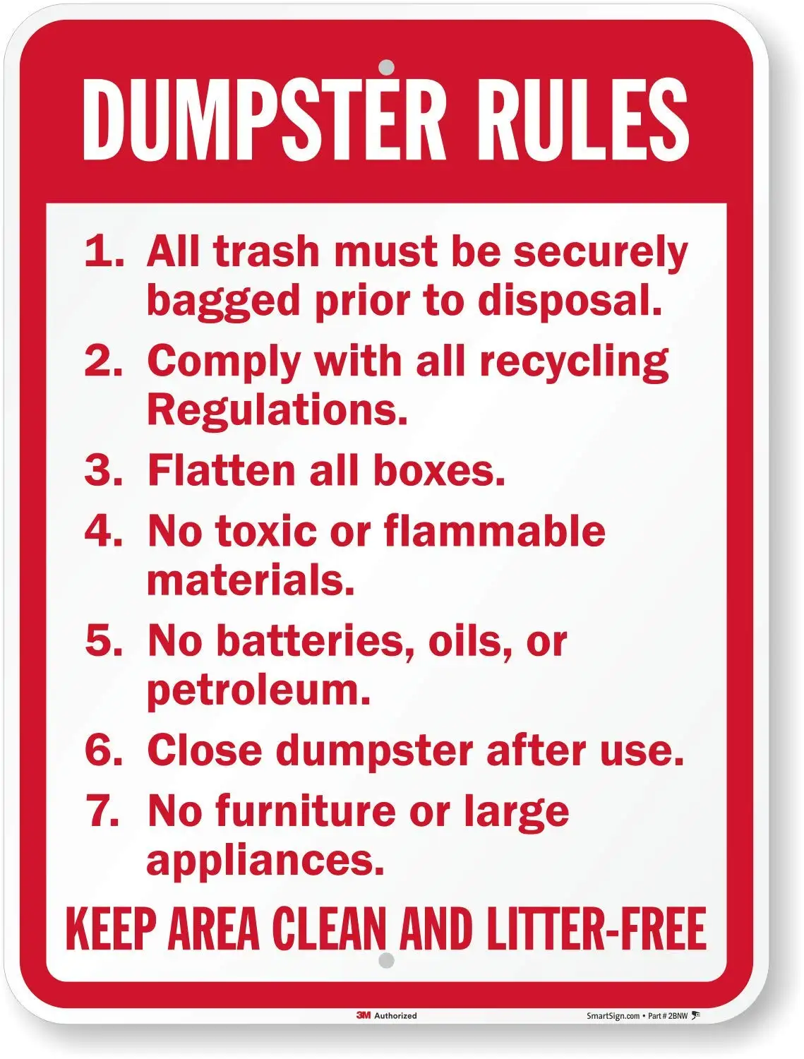 "Dumpster Rules Trash Must Be Securely Bagged" Sign | 8" x 8" 3M Engineer Grade Reflective Aluminum 
"Dumpster Rules Trash Must Be Securely Bagged" Sign | 8" x 8" 3M Engineer Grade Reflective Aluminum