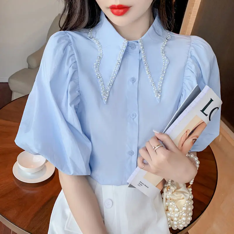 Women 2021 Sweet Fashion Pearl Beading Lace Blouses Vintage Lapel Collar Puff Sleeves Female Shirts Blusas Chic Tops
Women 2021 Sweet Fashion Pearl Beading Lace Blouses Vintage Lapel Collar Puff Sleeves Female Shirts Blusas Chic Tops
