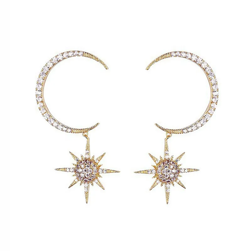 New Net Red Tide exaggerated C-shaped moon star earrings zircon micro-set S925 silver needle jewelry | Украшения и аксессуары