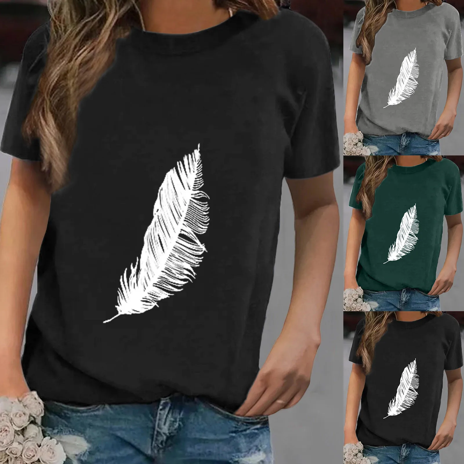 2021 Women T Shirt Summer fashion Harajuku feather print short sleeve top Casual Black Grey Green O-neck Tees Clothes#FS
2021 Women T Shirt Summer fashion Harajuku feather print short sleeve top Casual Black Grey Green O-neck Tees Clothes#FS
