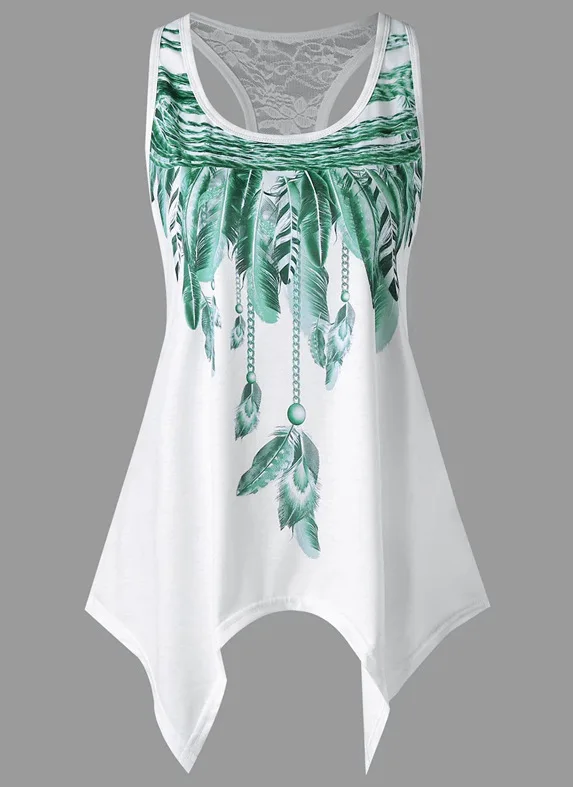 Summer Women Casual Lace Tank Round Neck Sleeveless Feather Print Irregular Vest Tees Ladies Sexy Slim Fashion Femininas Tops
Summer Women Casual Lace Tank Round Neck Sleeveless Feather Print Irregular Vest Tees Ladies Sexy Slim Fashion Femininas Tops