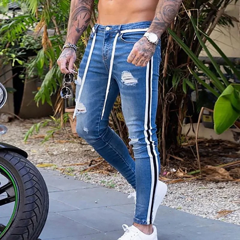 Men's Side Stripe Skinny Jeans Ripped Knee Holes Slim Fit Denim Pencil Pants Jeans Skinny Stretch Pant 2021
Men's Side Stripe Skinny Jeans Ripped Knee Holes Slim Fit Denim Pencil Pants Jeans Skinny Stretch Pant 2021