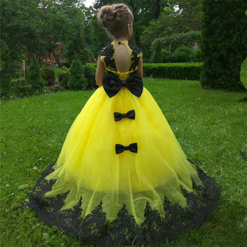 

New Flower Girl Dress Black Lace Yellow Tulle Bows Lace Up Princess Party Dress Birthday Pageant Gown 2-16Y