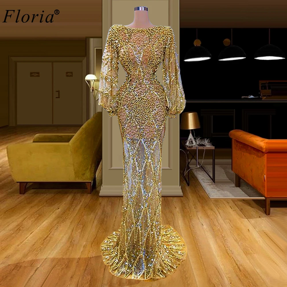 Gold Pearls Formal Evening Dresses Long Sleeves Mermaid Evening Gowns Transparent Celebrity Dresses Evening Wear Robe De Soiree
Gold Pearls Formal Evening Dresses Long Sleeves Mermaid Evening Gowns Transparent Celebrity Dresses Evening Wear Robe De Soiree