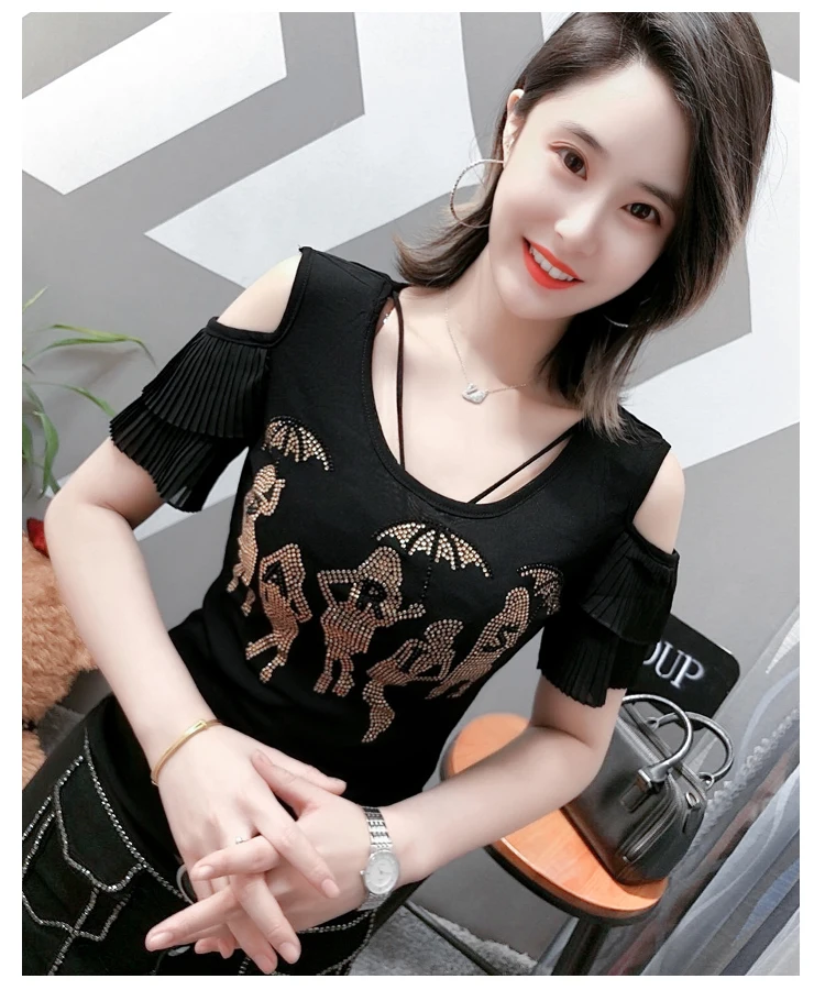 2020 Women's Spring Diamond T-shirts Yarn Patchwork Short Sleeve T shirt Sexy Skinny Drilling T-shirt Shoulder Off Tops t048
2020 Women's Spring Diamond T-shirts Yarn Patchwork Short Sleeve T shirt Sexy Skinny Drilling T-shirt Shoulder Off Tops t048