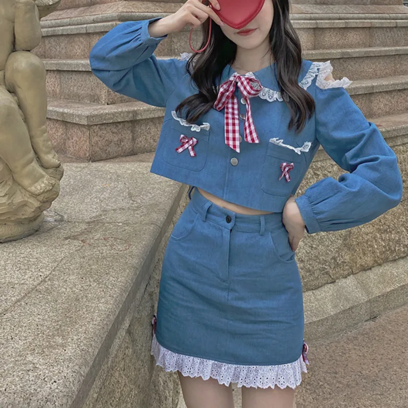 Women Two Piece Set Harajuku Sweet Lolita Japanese Lace Long Sleeve Denim Blouse Shirt + High Waist Skirt Suit Girl 2 Piece Set
Women Two Piece Set Harajuku Sweet Lolita Japanese Lace Long Sleeve Denim Blouse Shirt + High Waist Skirt Suit Girl 2 Piece Set