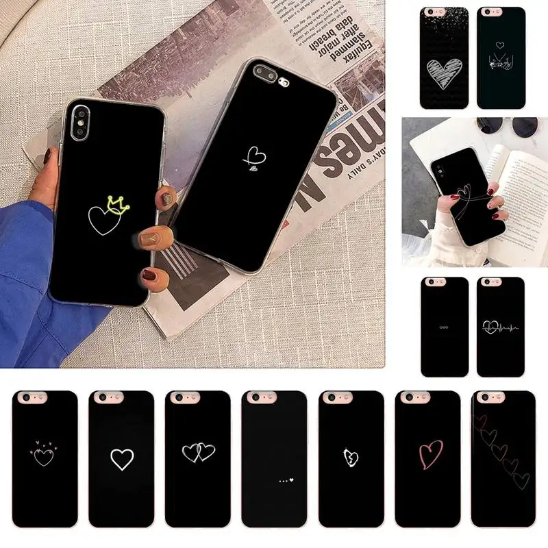 

Black Simple Lines Love Heart Phone Case for iphone 13 X XS MAX 6 6s 7 7plus 8 8Plus 5 5S se 2020 XR 12 11 pro max TPU Coque