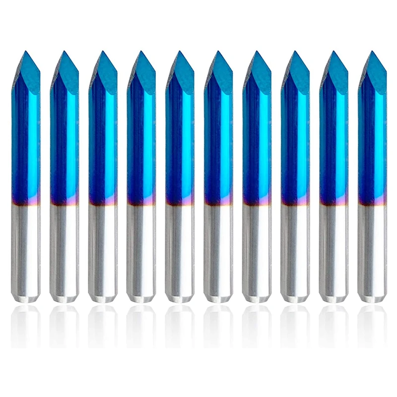 10Pcs Triangular CNC Router Bits V-Bit 60 Degree 0.1Mm Engraving Bits 1/8inch Shank Blue Coating Sharp Pyramid Bits
10Pcs Triangular CNC Router Bits V-Bit 60 Degree 0.1Mm Engraving Bits 1/8inch Shank Blue Coating Sharp Pyramid Bits