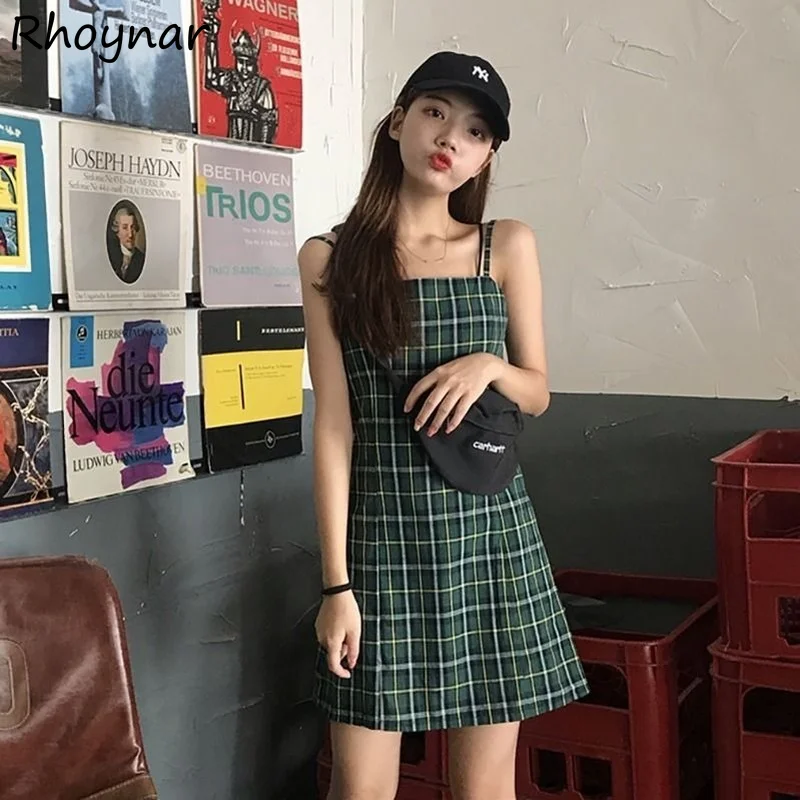 

Sleeveless Dresses Women Plaid Tender All-match Lovely Korean Style Students Aesthetic Elegant Design Simple Retro Prevalent New