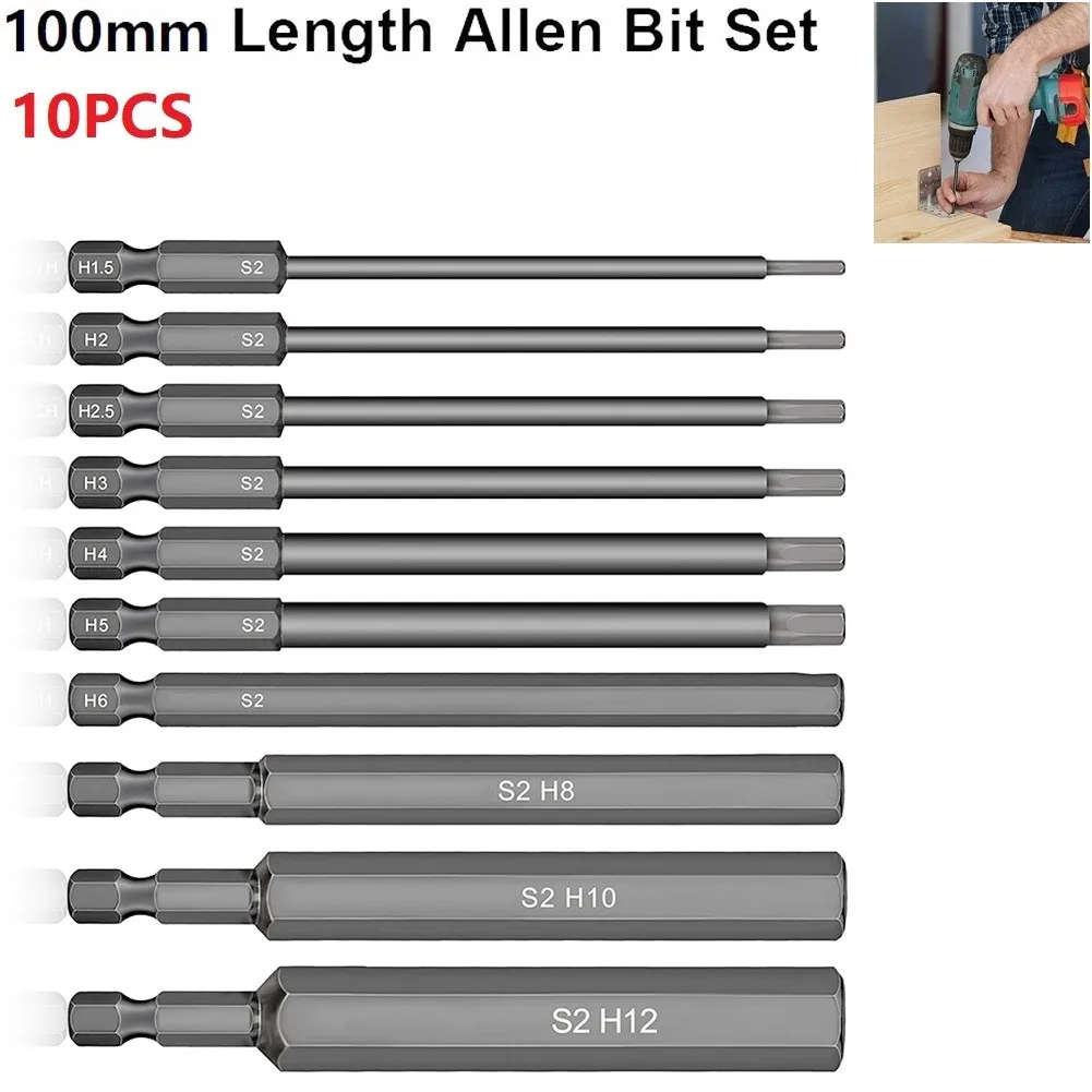 10pcs 1/4 Inch Hex Screwdriver Bits 100mm Length Hex Head Allen Wrench Drill Bit 100mm S2 Steel Screwdriver Bits Metric
10pcs 1/4 Inch Hex Screwdriver Bits 100mm Length Hex Head Allen Wrench Drill Bit 100mm S2 Steel Screwdriver Bits Metric