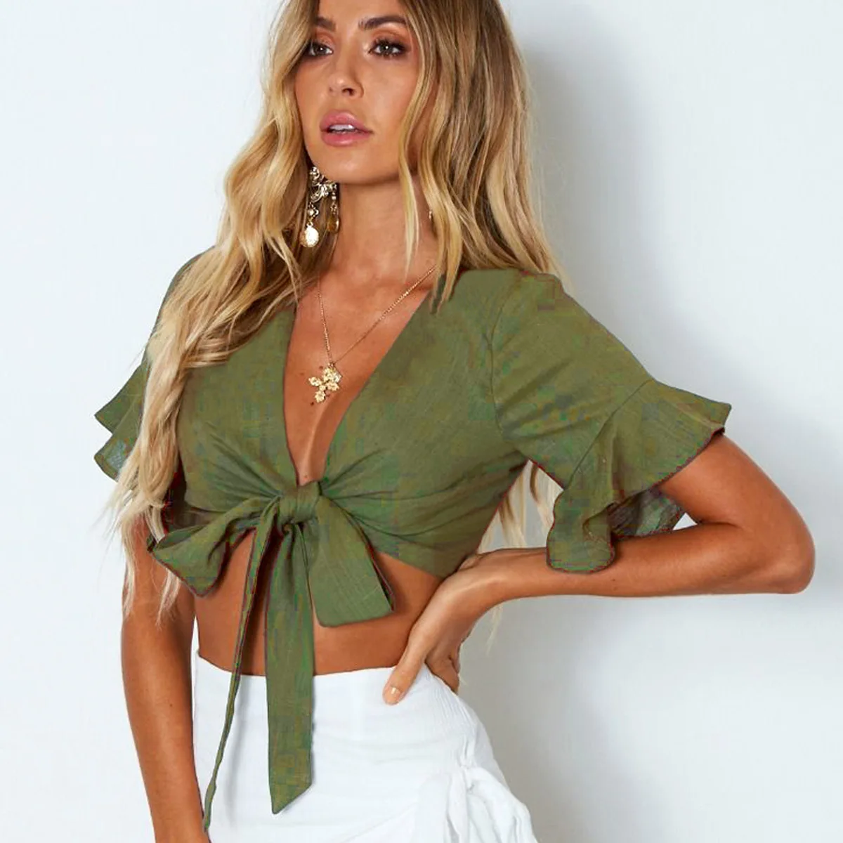 Burst Bow Deep V-neck T-shirt Sexy Open Umbilical Lotus Leaf Edge Short-sleeved Women's Summer Blouses and Tops
Burst Bow Deep V-neck T-shirt Sexy Open Umbilical Lotus Leaf Edge Short-sleeved Women's Summer Blouses and Tops