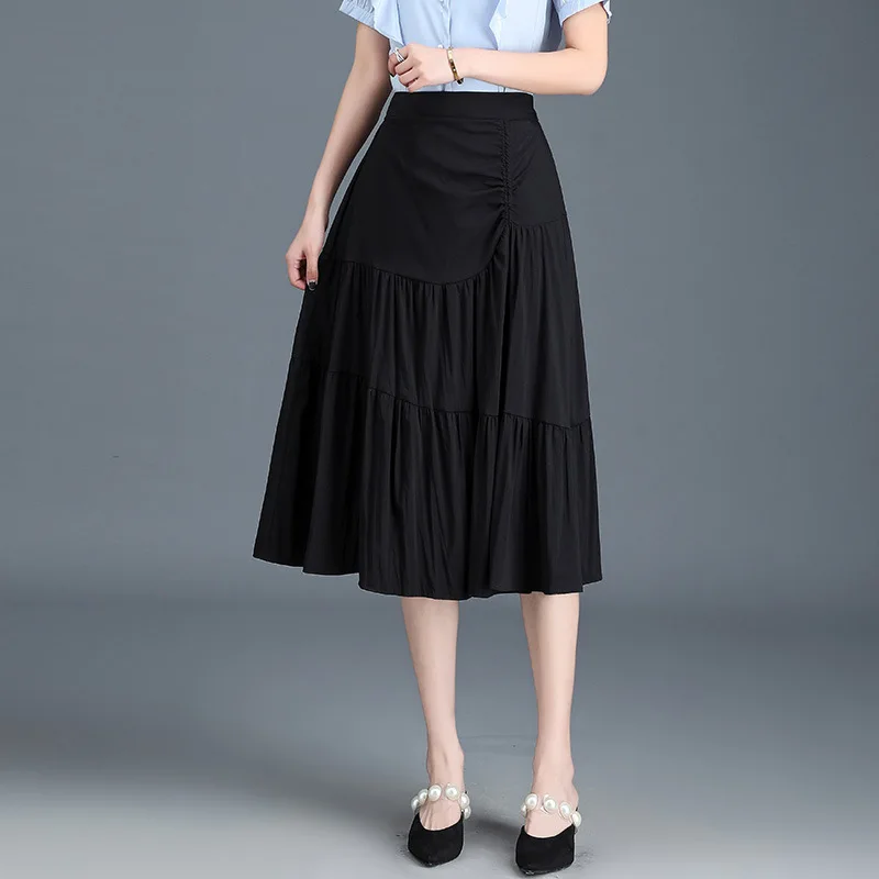 

Women High Waist Gothic Black A-line Skirt 2021 Summer Elegant Chic Splice Folds Loose Casual Mid-long Skirts
