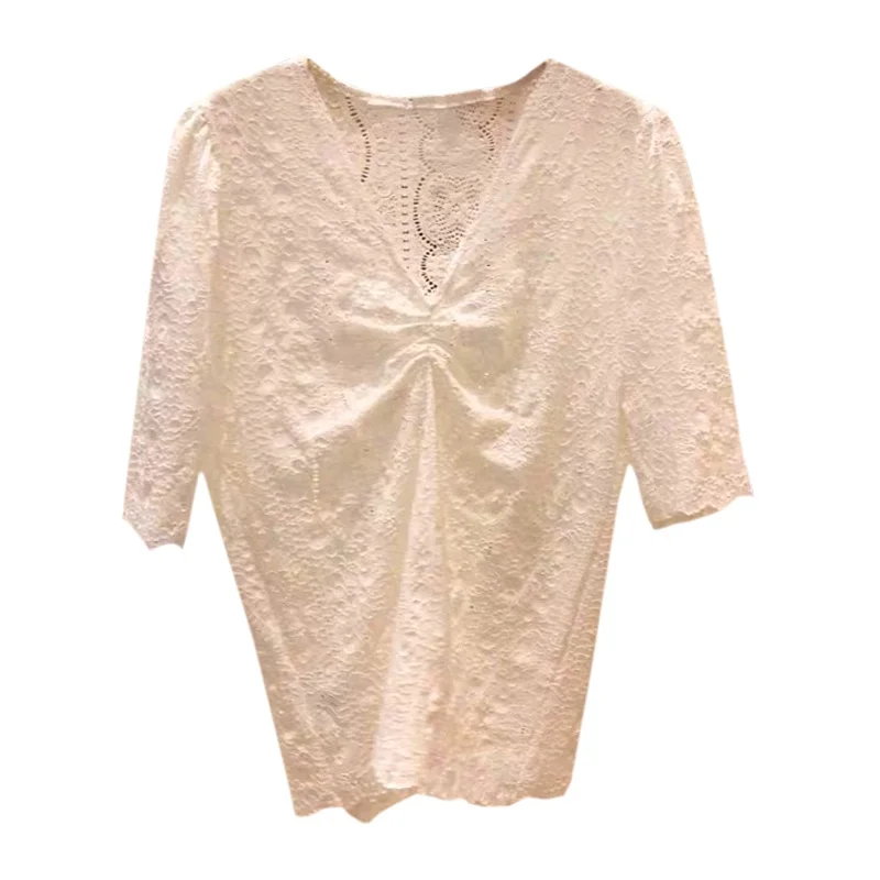 Summer Blouse Women Light And Delicate Lace Hollow Out Short-sleeved Shirt Sexy Female V-neck Slim Top 3Colors
Summer Blouse Women Light And Delicate Lace Hollow Out Short-sleeved Shirt Sexy Female V-neck Slim Top 3Colors