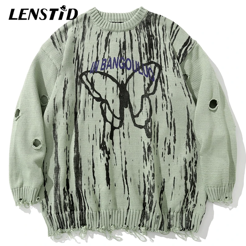 

Special Offer Men Hip Hop Knitted Jumper Sweaters Butterfly Graffiti Streetwear Harajuku Autumn Oversize Hipster Casual Pullover