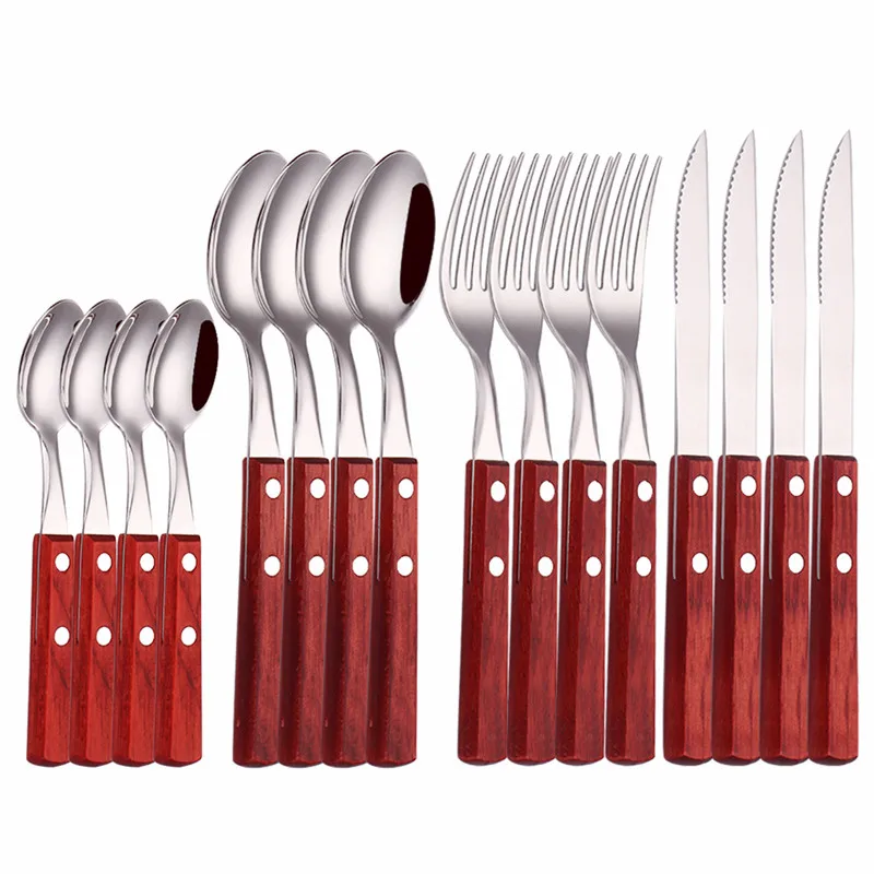 16pcs Wooden Handle Stainless Steel Cutlery Set Coffee Knife Fork Spoon Dinnerware Complete Kitchen Tableware Set Eco Friendly
16pcs Wooden Handle Stainless Steel Cutlery Set Coffee Knife Fork Spoon Dinnerware Complete Kitchen Tableware Set Eco Friendly