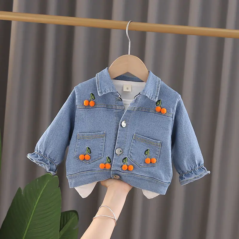 Girls Cherry Denim Coats Turn-down Collar Long Sleeve Children Clothes 0-4 Years Old Baby Korean Spring/Autumn Kids Jackets
Girls Cherry Denim Coats Turn-down Collar Long Sleeve Children Clothes 0-4 Years Old Baby Korean Spring/Autumn Kids Jackets