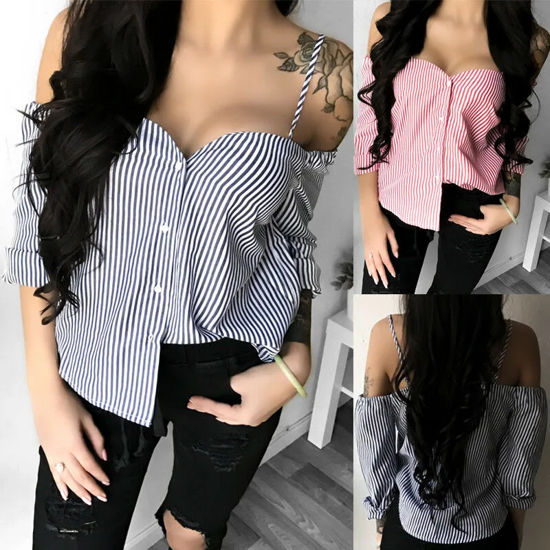 Women Ladies Summer Long Sleeve Blouse Fashion Strap Shirt Loose Sexy Off Shoulder Button Casual Stripe Blouse Tops Shirt S -XL
Women Ladies Summer Long Sleeve Blouse Fashion Strap Shirt Loose Sexy Off Shoulder Button Casual Stripe Blouse Tops Shirt S -XL