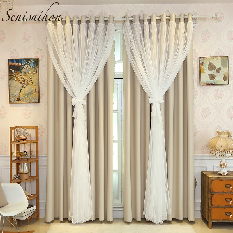 

Корейская кружевная ткань для спальни и тюль, двухслойные оконные шторы блэкаут, бежевые занавески из вуали для гостиной