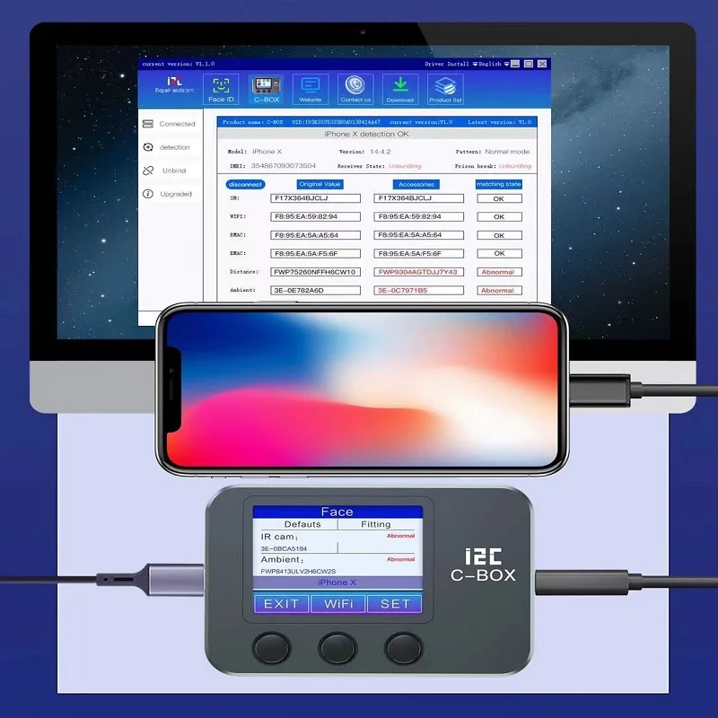 MasterXu i2c C-BOX for Automatic Jailbreak A8 A11 Device Check Bluetooth Wifi SN Number Data AS JC J-BOX
MasterXu i2c C-BOX for Automatic Jailbreak A8 A11 Device Check Bluetooth Wifi SN Number Data AS JC J-BOX