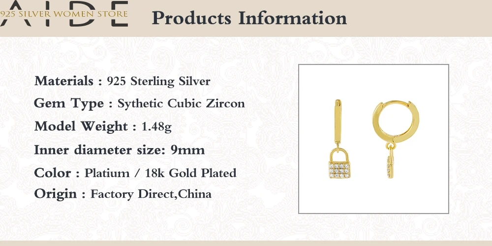 AIDE Lock Earrings For Women 925 Sterling Silver Earrings Dangle Piercing Jewelry Ear Cuffs Pendientes Kolczyki #10.3 
AIDE Lock Earrings For Women 925 Sterling Silver Earrings Dangle Piercing Jewelry Ear Cuffs Pendientes Kolczyki #10.3