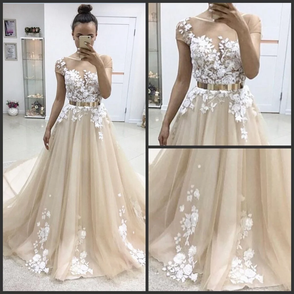 

Tulle Ball Gown Floor Length Champagne With White Evening Dresses Illusion Neckline Cap Sleeves Lace Appliqued Skirt And Bodice