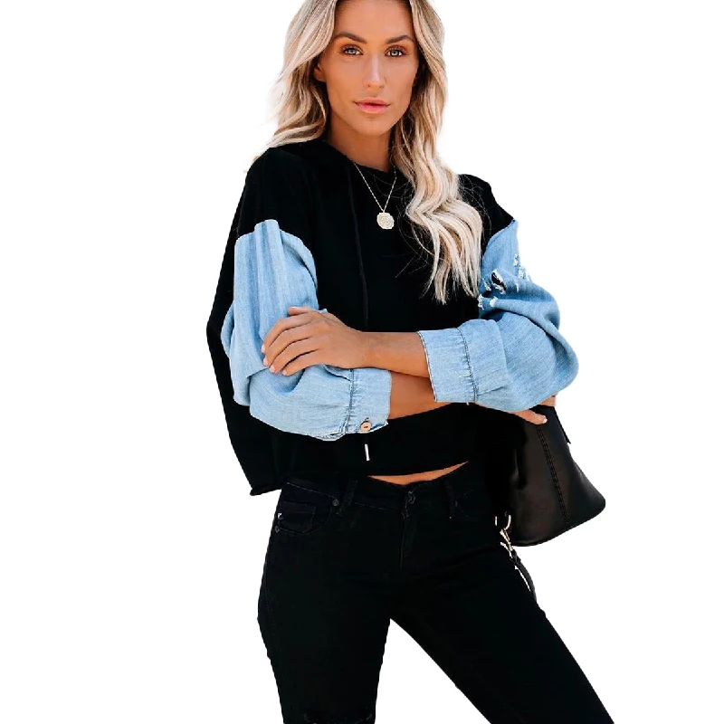Spring 2021 New Women's Long Sleeve Top Casual Hooded Long Sleeved Denim Stitching Sweatshirt Ladies Casual Sports Style Fashion
Spring 2021 New Women's Long Sleeve Top Casual Hooded Long Sleeved Denim Stitching Sweatshirt Ladies Casual Sports Style Fashion