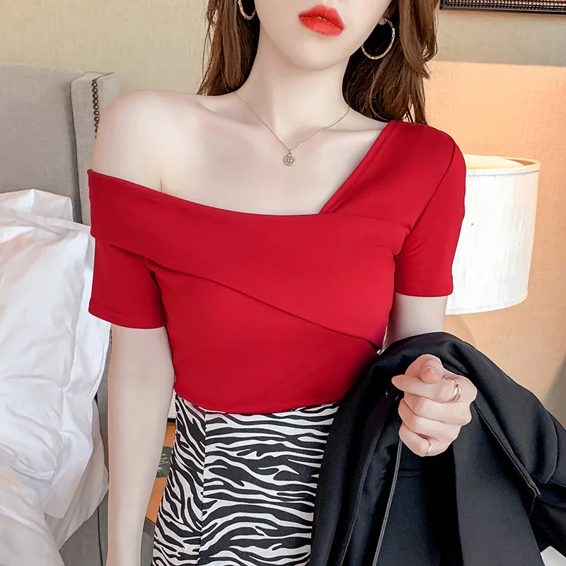 2022 Summer T Shirt Women Short Sleeve Slim Elastic Tee Shirt Femme Sexy Skew Collar Backless Off Shoulder Tops Office Lady
2022 Summer T Shirt Women Short Sleeve Slim Elastic Tee Shirt Femme Sexy Skew Collar Backless Off Shoulder Tops Office Lady