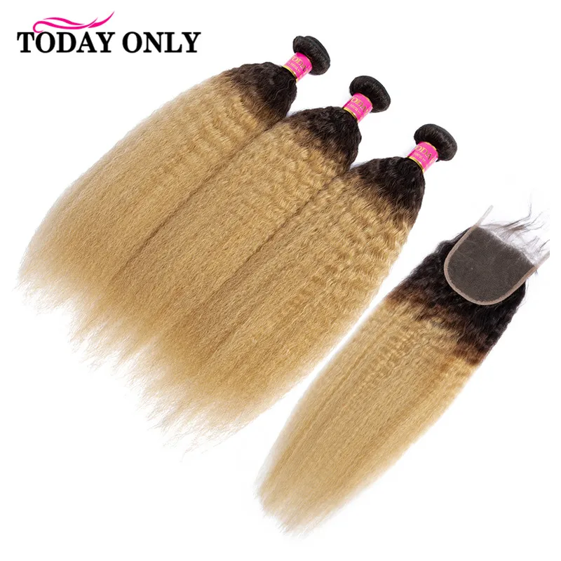 

TODAY ONLY Peruvian Kinky Straight Hair Bundles With Closure Blonde Ombre Human Hair 3/ 4 Bundles With Closure 1b/27 Remy