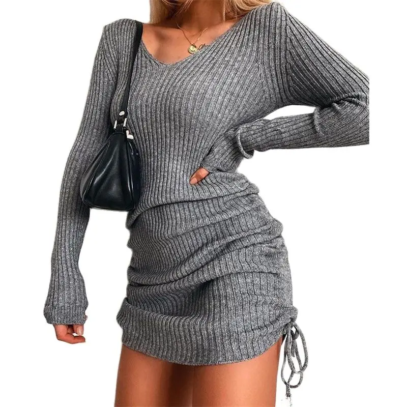 Women Knitting Ribbing Sweater Dress Long Sleeve V-Neck Solid Draw string Mini Casual Party Dresses Autumn Winter Vestidos New
Women Knitting Ribbing Sweater Dress Long Sleeve V-Neck Solid Draw string Mini Casual Party Dresses Autumn Winter Vestidos New