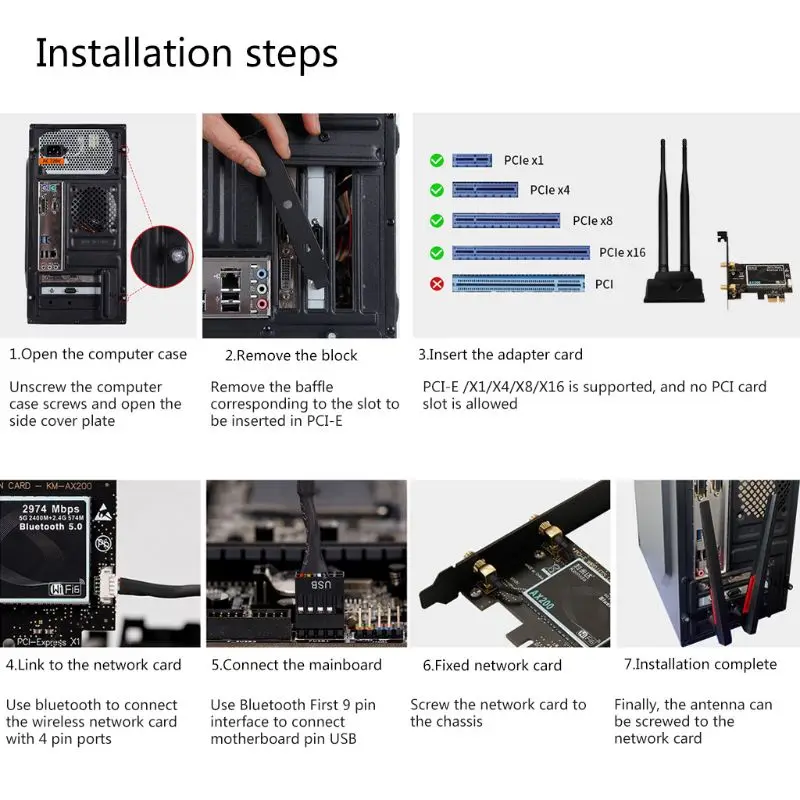 2400Mbps Dual Band Wireless Desktop PCIe For In tel AX200 Card 802.11ax 2.4G/5Ghz Bluetooth 5.0 PCI Express Wireless WiFi Adapte
2400Mbps Dual Band Wireless Desktop PCIe For In tel AX200 Card 802.11ax 2.4G/5Ghz Bluetooth 5.0 PCI Express Wireless WiFi Adapte