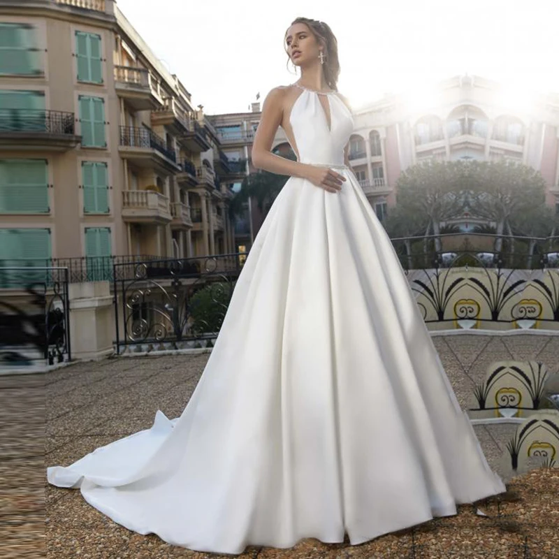 Eightale Satin Wedding Dress Halter Beaded A-Line Buttons White Ivory Princess Wedding Gowns Custom Made Bridal Dresses
Eightale Satin Wedding Dress Halter Beaded A-Line Buttons White Ivory Princess Wedding Gowns Custom Made Bridal Dresses