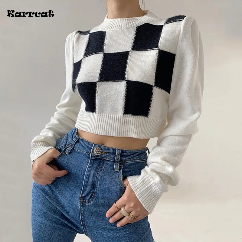 Karrcat Japanese Style Checkerboard Plaid Cropped Sweaters Korean Fashion Knitted Pullover Autumn Winter Crop Top Streetwear
Karrcat Japanese Style Checkerboard Plaid Cropped Sweaters Korean Fashion Knitted Pullover Autumn Winter Crop Top Streetwear