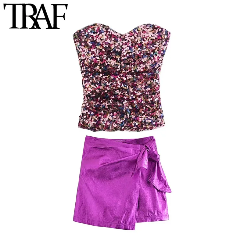 TRAF Women Sexy Fashion Shiny Sequin Crop Tank Tops Vintage With Bow High Waist Shorts Skirts Female Sets Mujer
TRAF Women Sexy Fashion Shiny Sequin Crop Tank Tops Vintage With Bow High Waist Shorts Skirts Female Sets Mujer