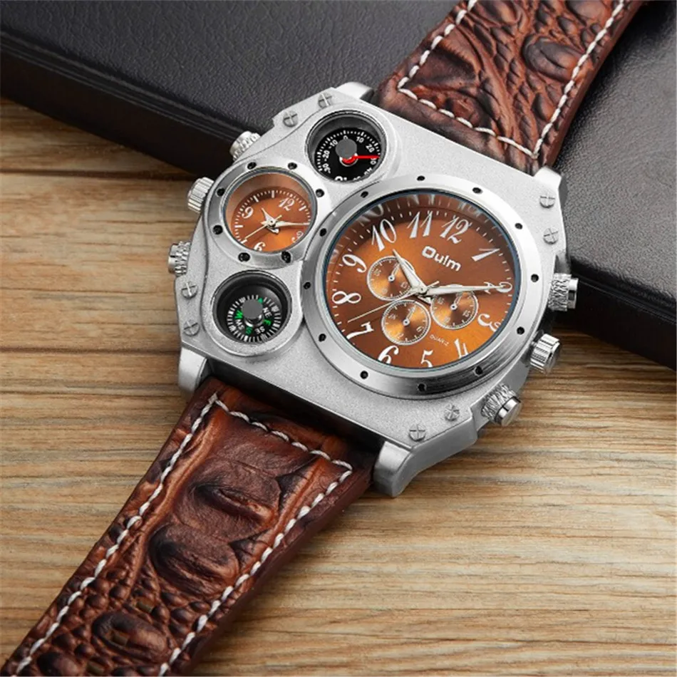 

Original Brand Watch OULM 1349 Men Oversize Dual Dial Wide Band Compass Thermometer Casual Leather Quartz Watches Relogio Grande