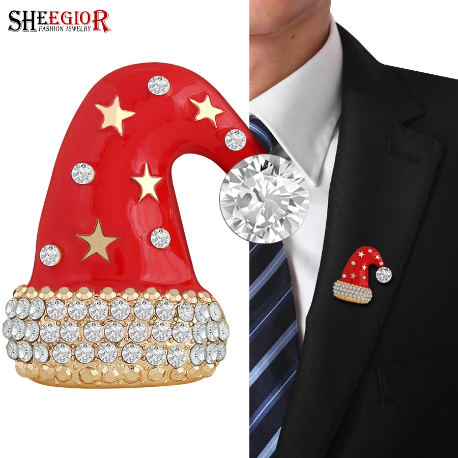 

Merry Christmas Hat Brooch Pins Men Badge Fashion Jewelry Crystal Rhinestone Brooches for Women Accessories Love Friendship Gift