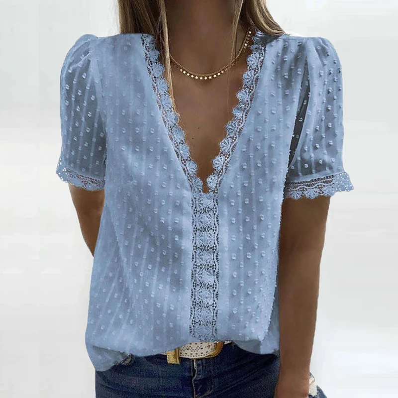 3XL Sexy V-Neck Lace Shirt Blouse Spring Summer Short Sleeve Ladies Shirt Casual Women Solid Pullover Tops Blusa Streetwear
3XL Sexy V-Neck Lace Shirt Blouse Spring Summer Short Sleeve Ladies Shirt Casual Women Solid Pullover Tops Blusa Streetwear