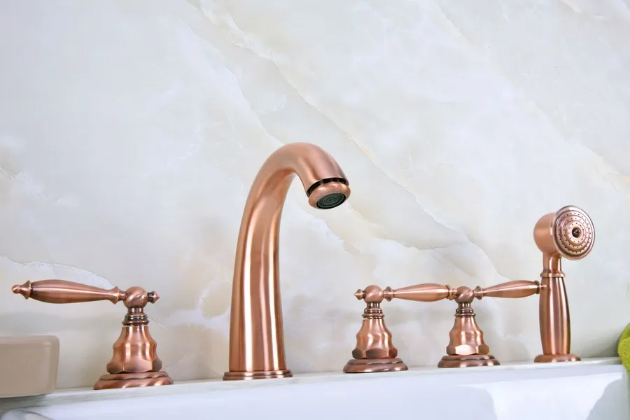 Antique Red Copper Brass Widespread Three Handles Deck Mounted 5 Holes Bathroom Tub Faucet Mixer Tap With Handshower mtf235
Antique Red Copper Brass Widespread Three Handles Deck Mounted 5 Holes Bathroom Tub Faucet Mixer Tap With Handshower mtf235